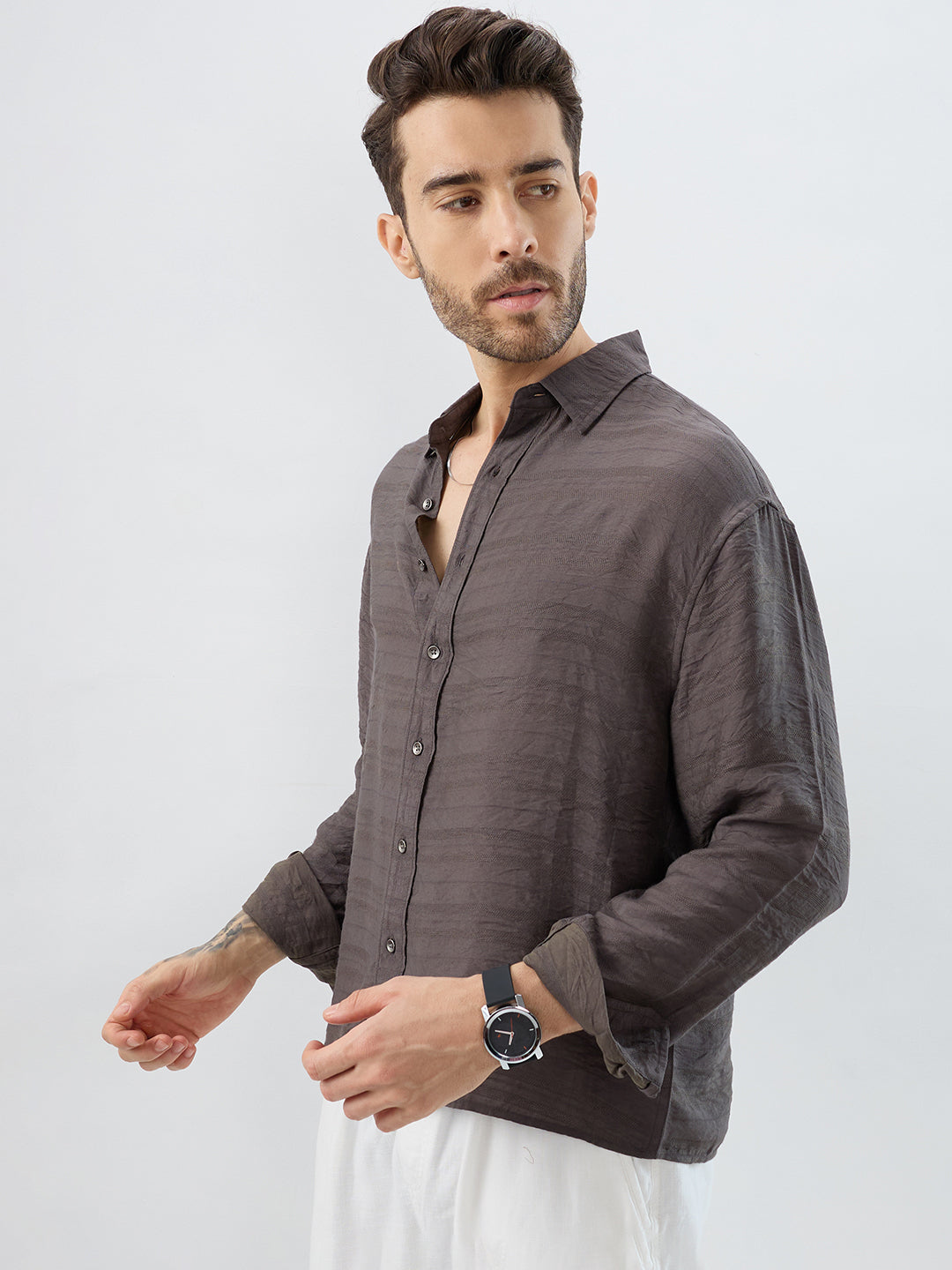 Rustic Brown Horizontal Textured Boxy Fit Crop Shirt