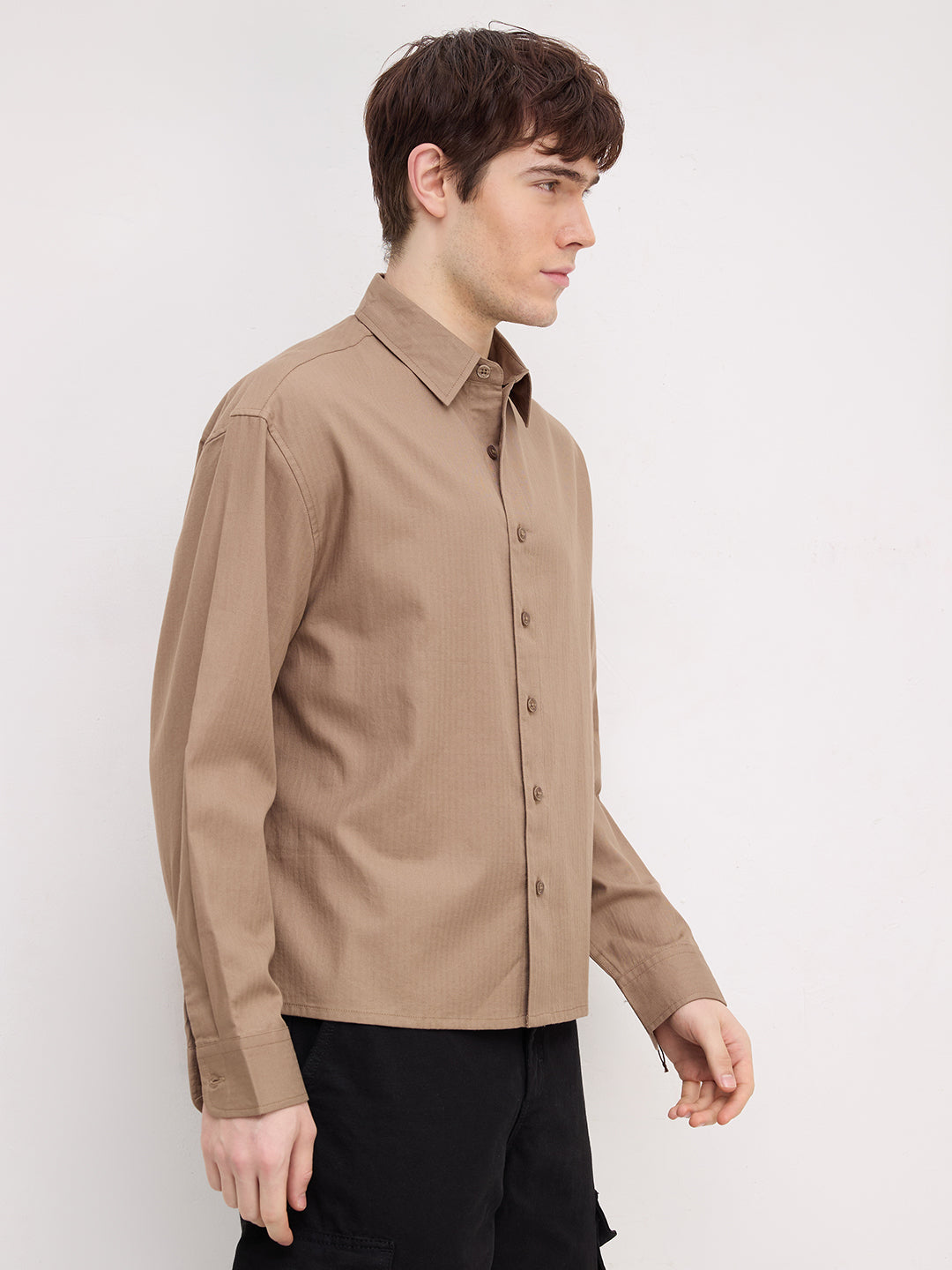 Deep Khaki Herringbone Textured Boxy Fit Crop Shirt