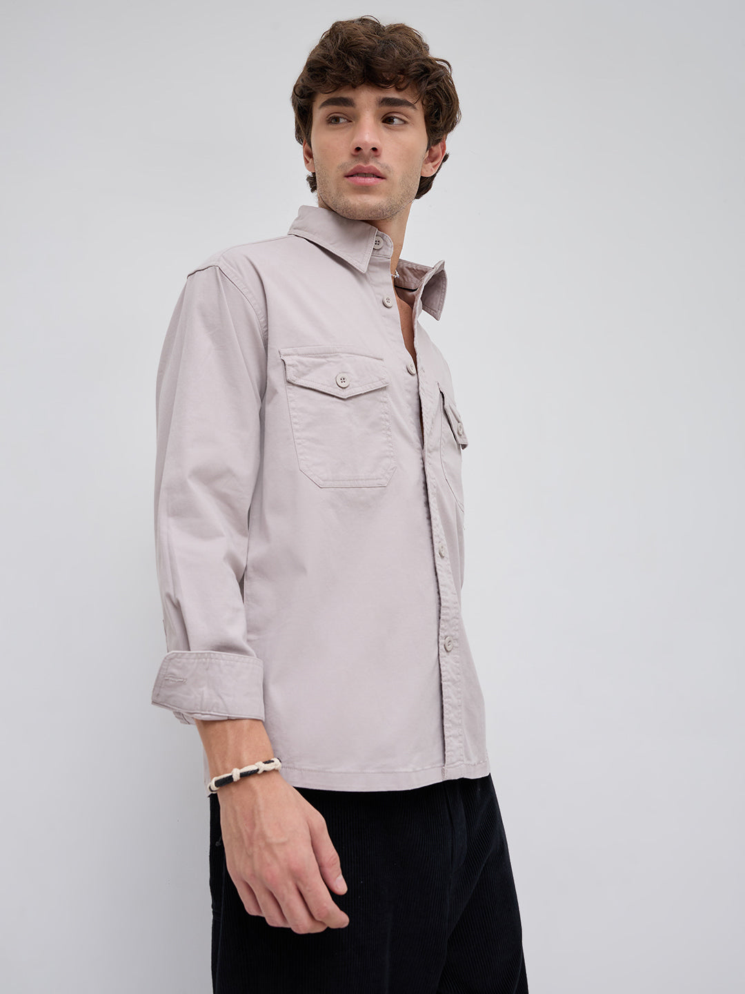 Solid Bone Grey Double Pocket Overshirt