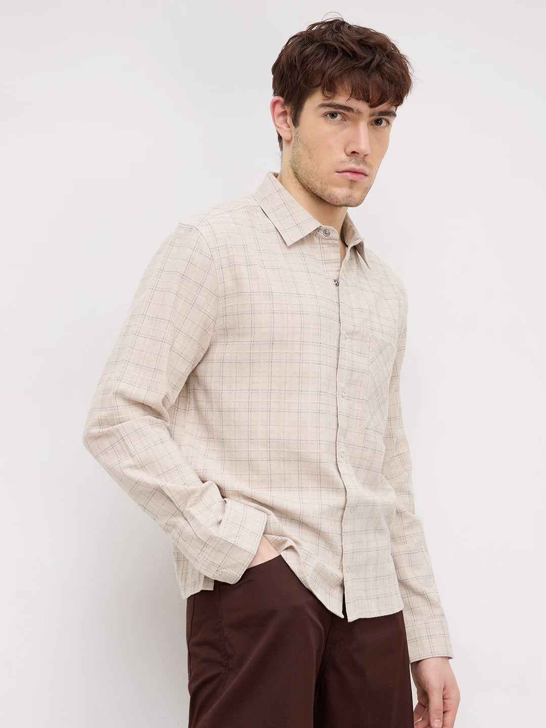 Beige & Blue Loomscape Checks Straight Hem Oversized Shirt