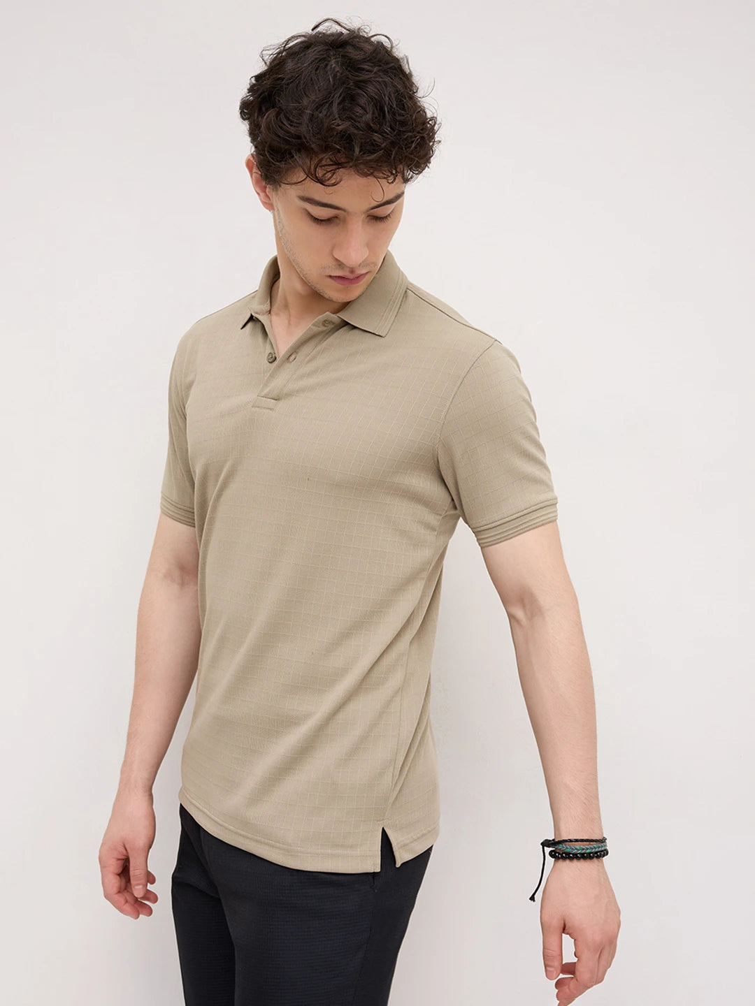 Soft Beige Checks Weave Polo Tee