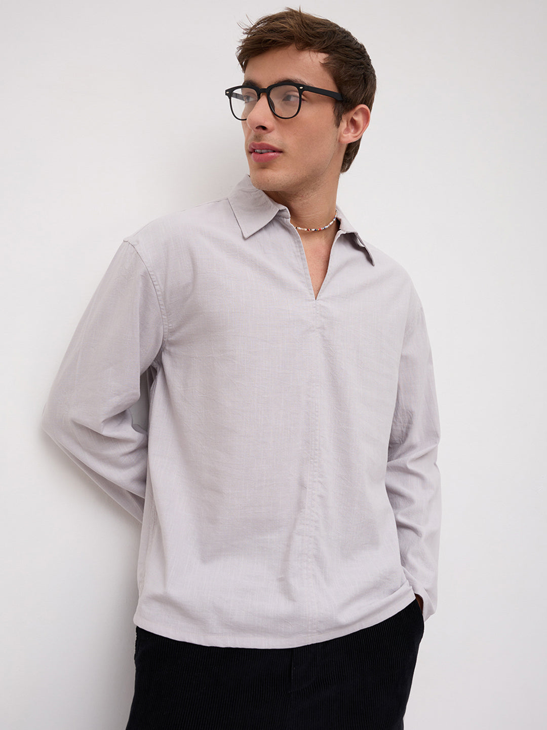 Grey Slub Textured Center Seam Oversized Polo Shirt