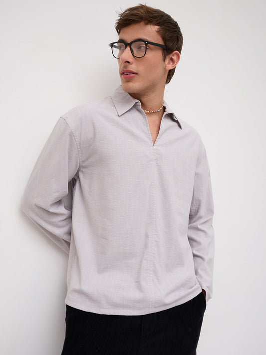 Grey Slub Textured Center Seam Oversized Polo Shirt