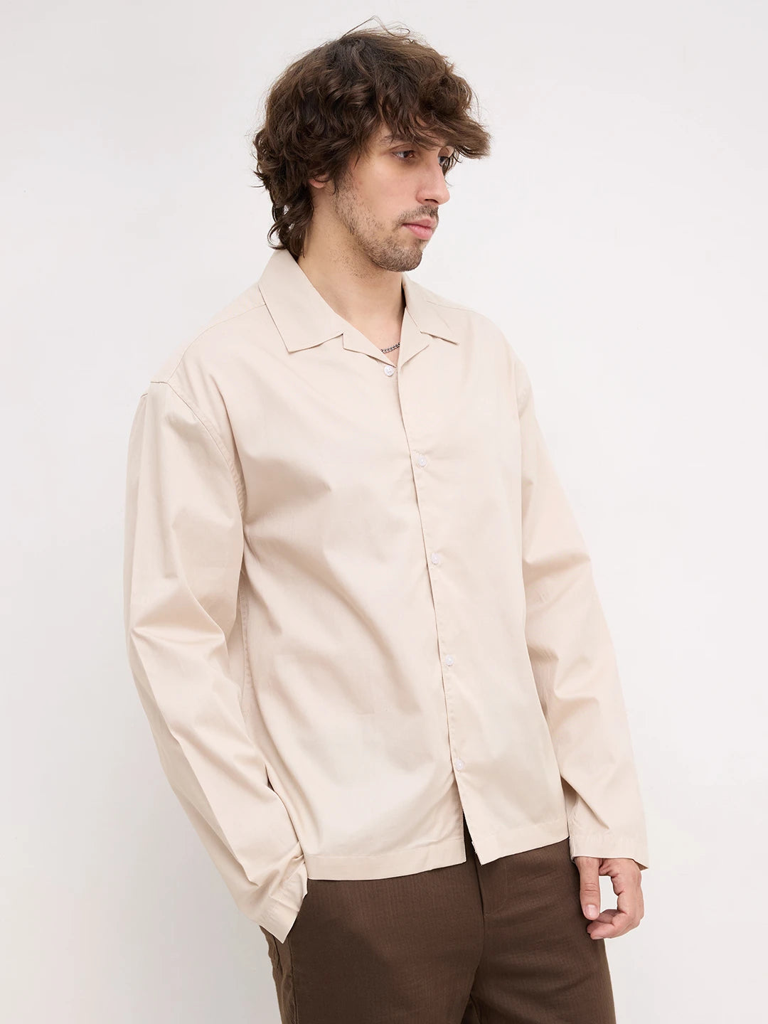 Sand Beige Twill Notch Collar Oversized Shirt