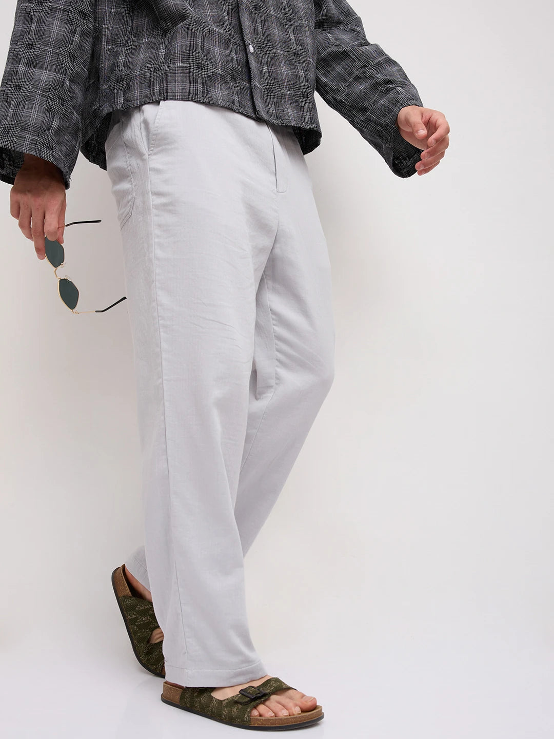 Grey Fine Herringbone Textured Straight Fit Trousers