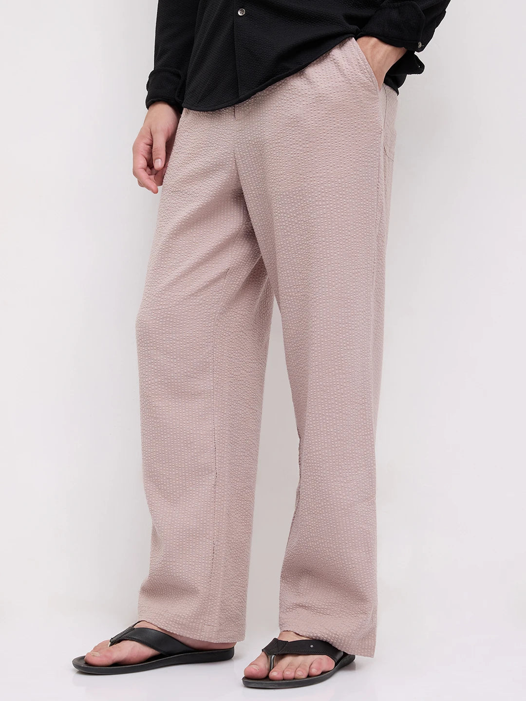 French Beige Seersucker Straight Fit Trousers