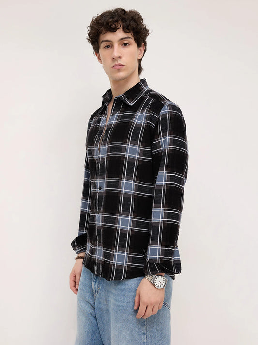 Refined Black & Blue Corduroy Plaid Checks Flannel Shirt