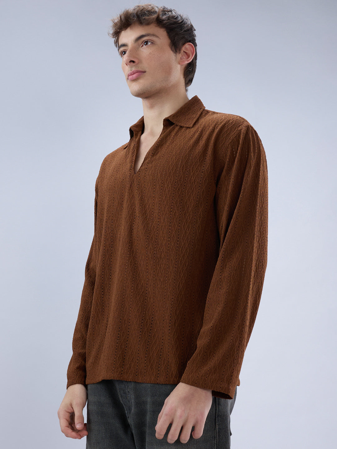 Luxe Brown Fine Lozenge Weave Polo Oversized Shirt