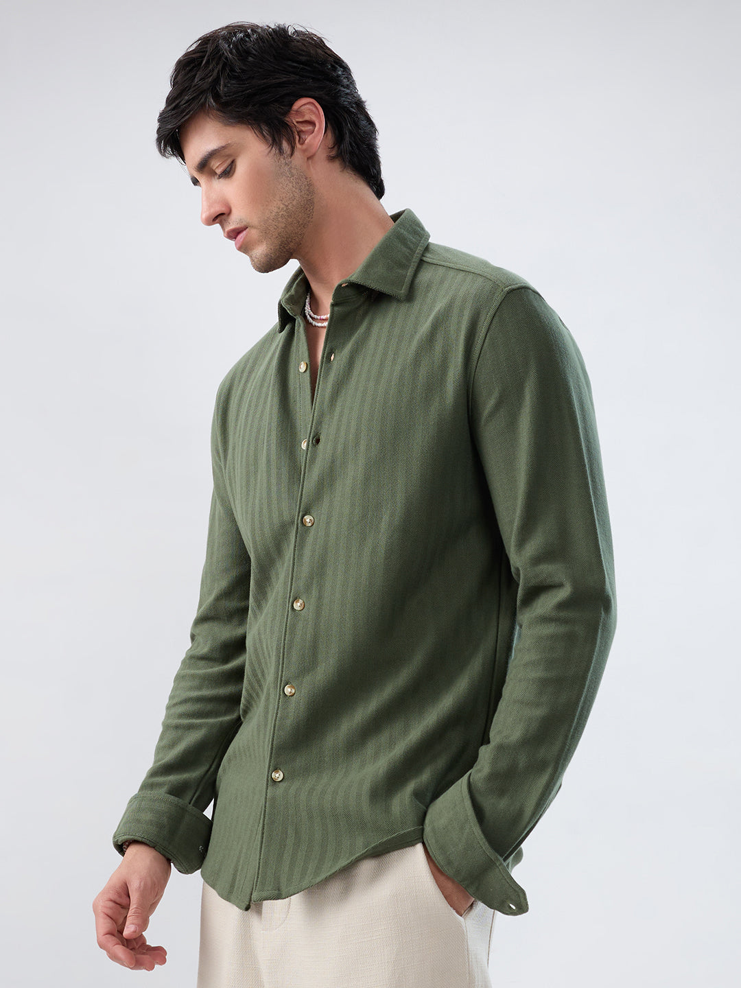 Olive Herringbone Textured Knitted Shirt