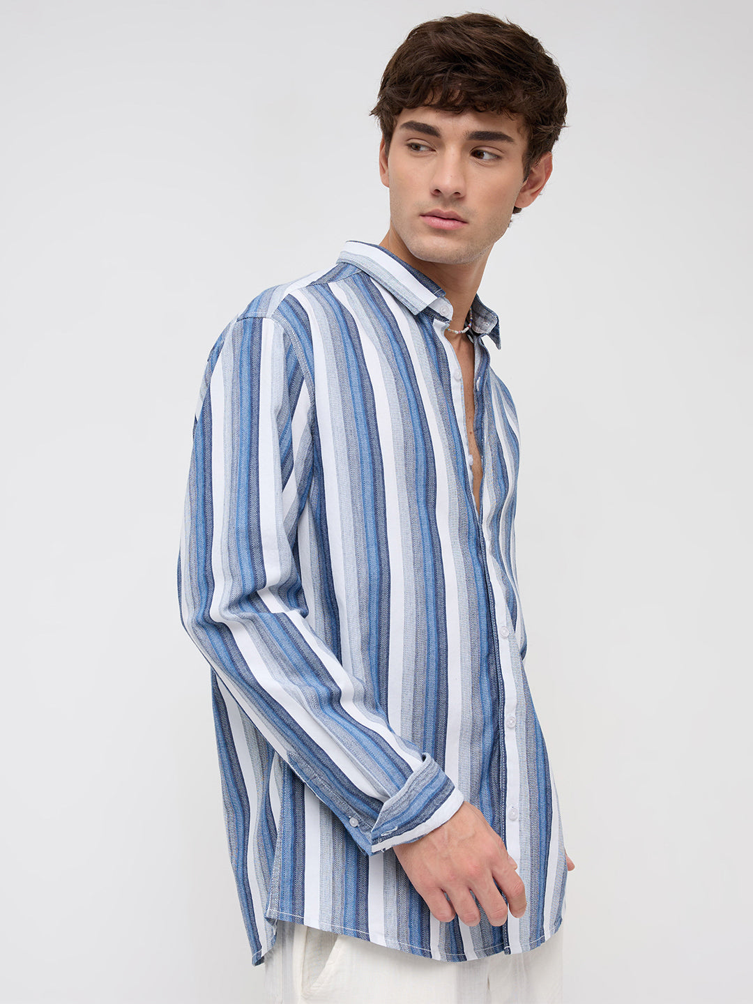 Coastal Denim Vertical Striped Vacation Shirt