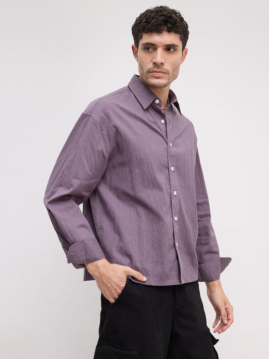 Purplish Mauve Fine Textured Boxy Fit Crop Shirt