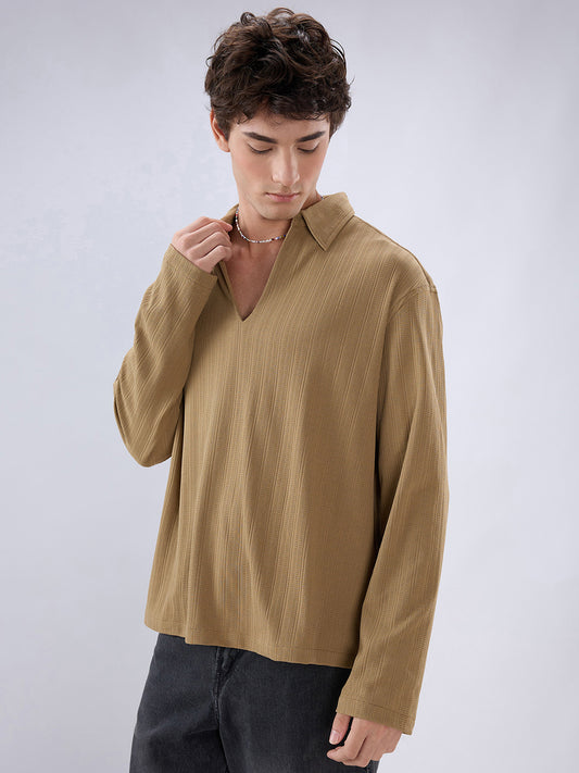 Soft Khaki Ribbed Textured Polo Oversized Knitted Shirt