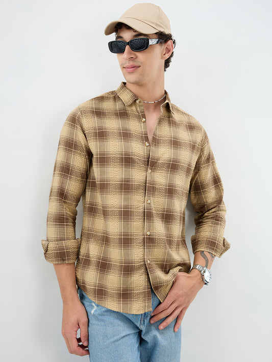 Brown Seersucker Checkered Shirt