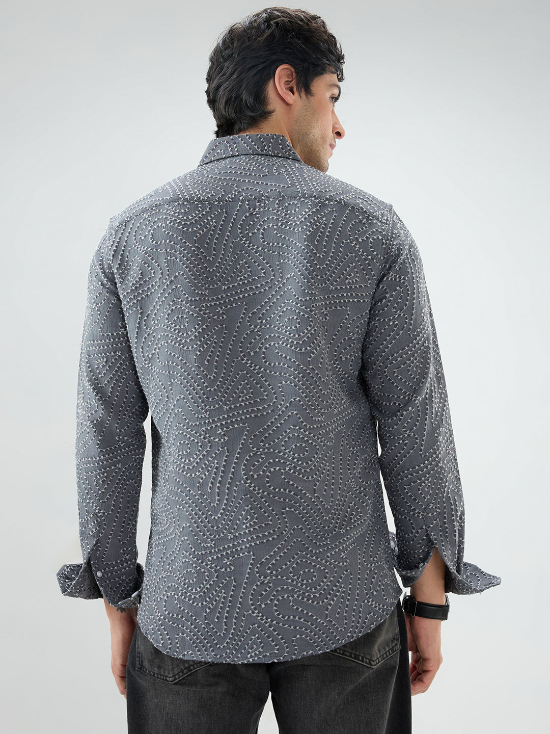 Ornate Charcoal Grey Ornamental Raised Stitch Shirt