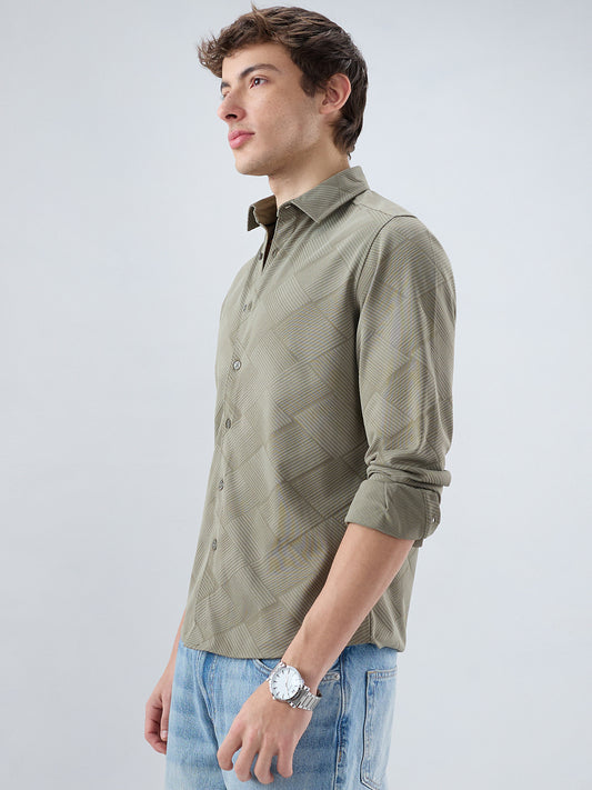 Intricate Olive Block Weave Knitted Shirt
