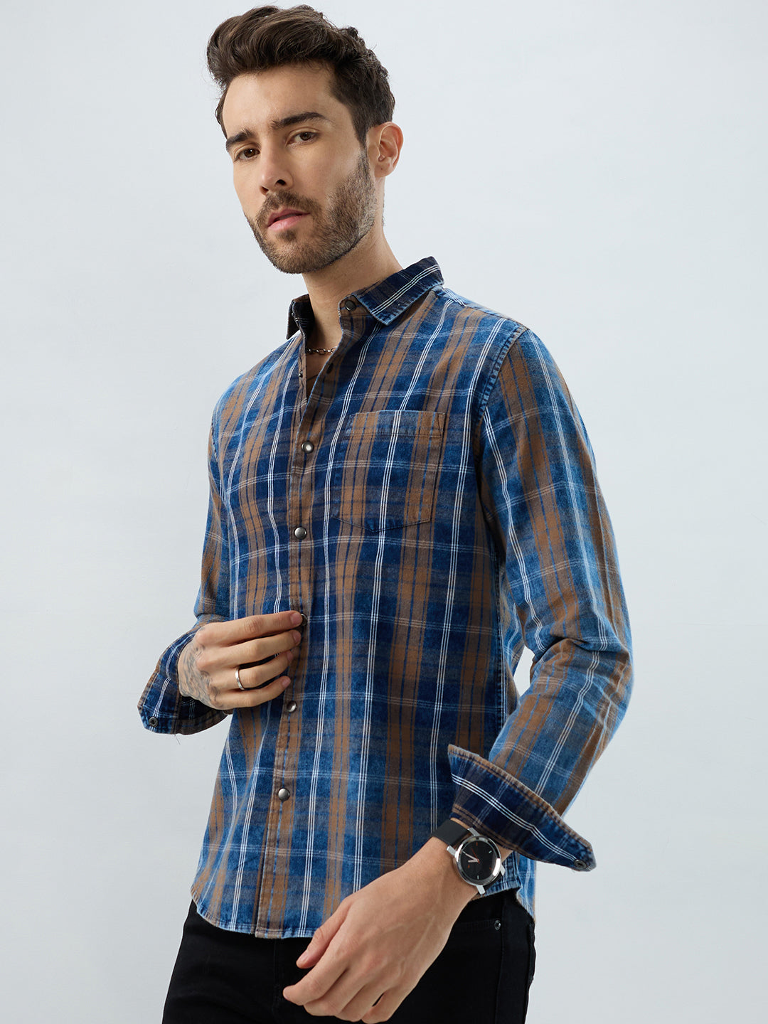 Classic Camel Brown Nightfall Denim Tartan Checks Shirt