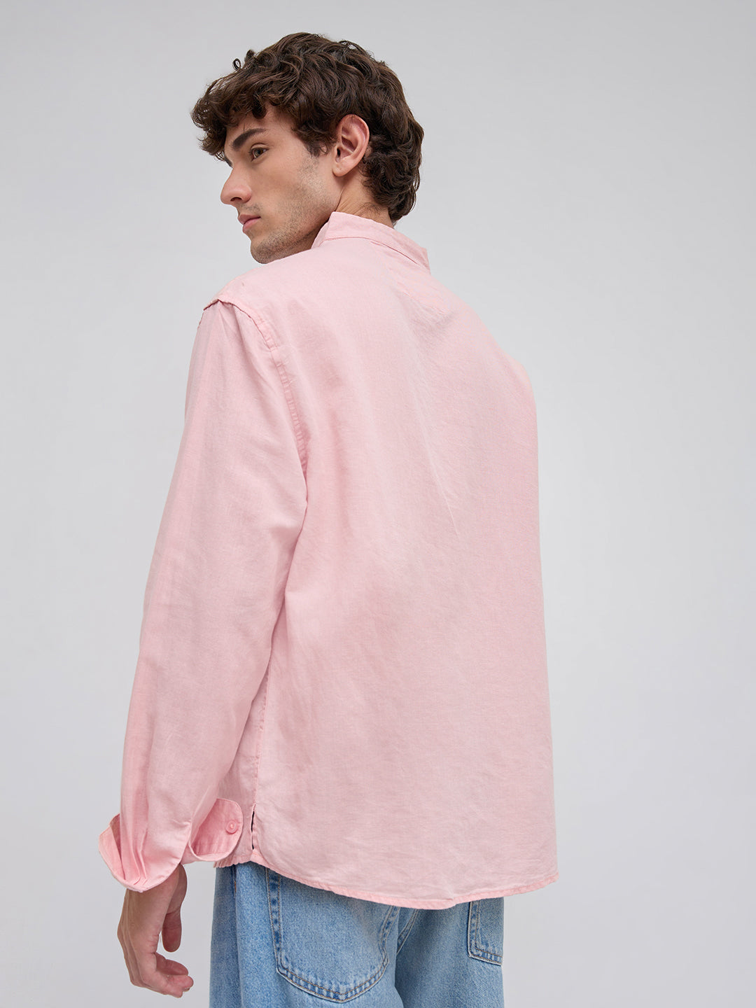 Mist Pink Linen Blend Stand Collar Oversized Shirt