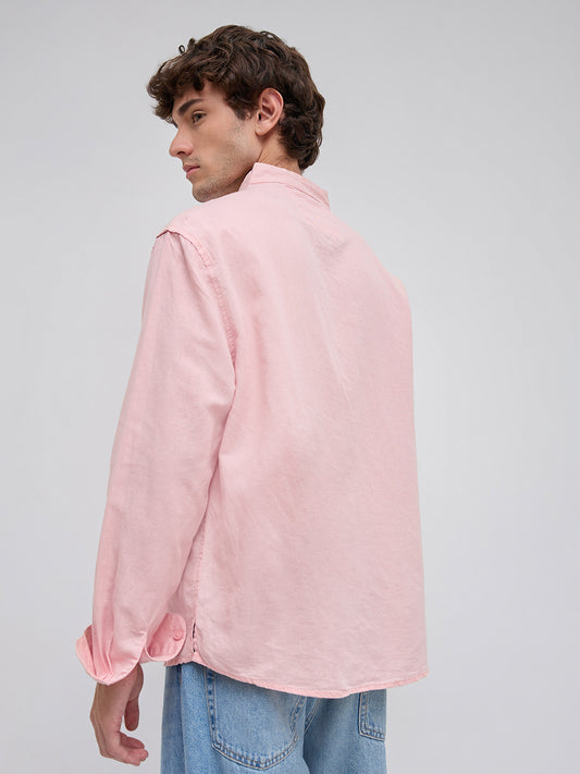Mist Pink Linen Blend Stand Collar Oversized Shirt