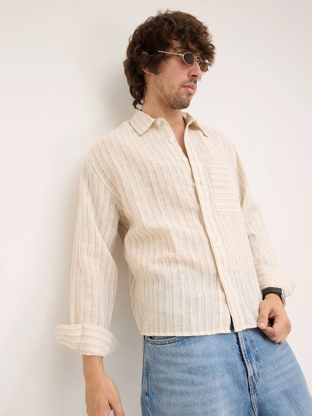 Off White Beige and Brown Striped Boxy Fit Crop Shirt