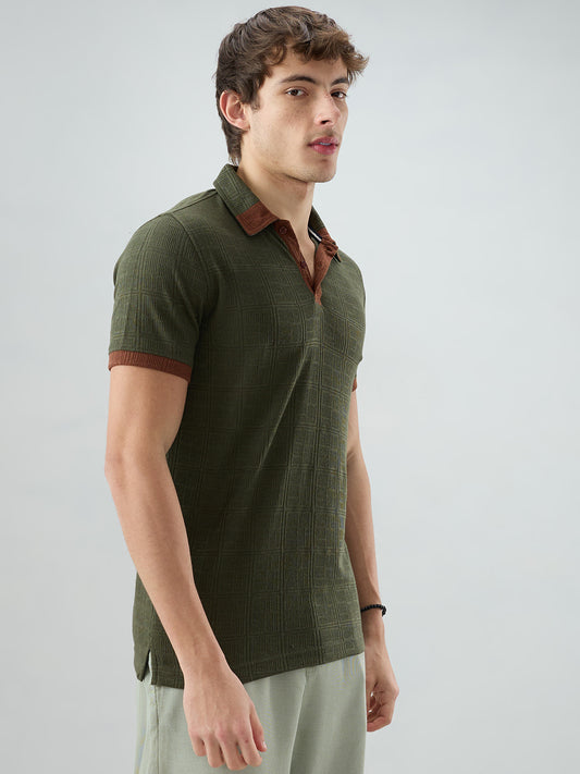 Green Contrast Polo Neck Knit T-shirt