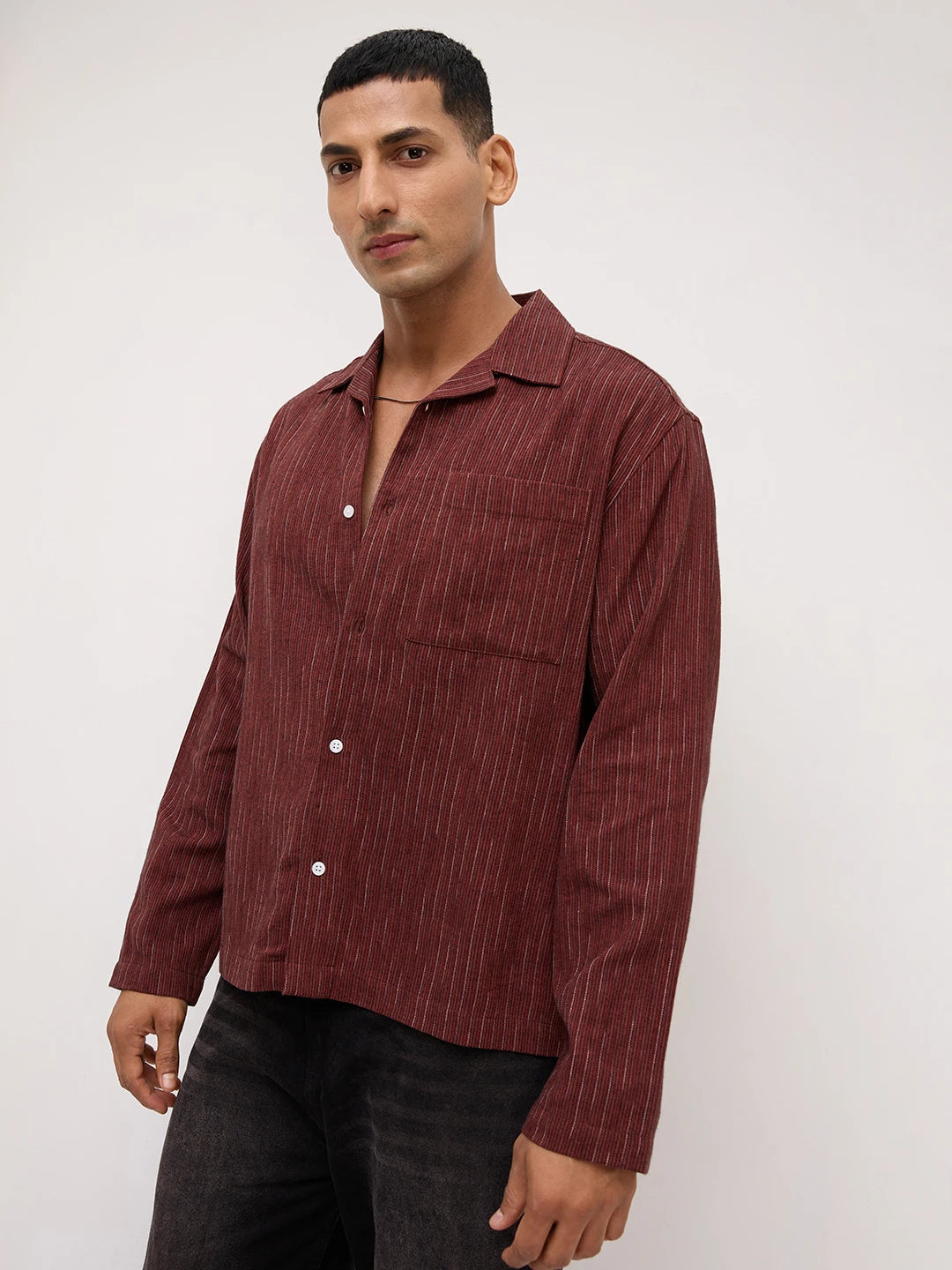 Elegant Maroon Multi-Stripe Weave Oversized Notch Collar Shirt