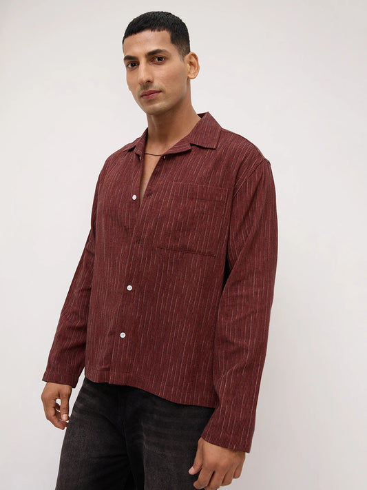 Elegant Maroon Multi-Stripe Weave Oversized Notch Collar Shirt