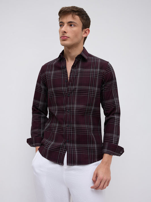 Refined Maroon & White Contrast Checks Shirt