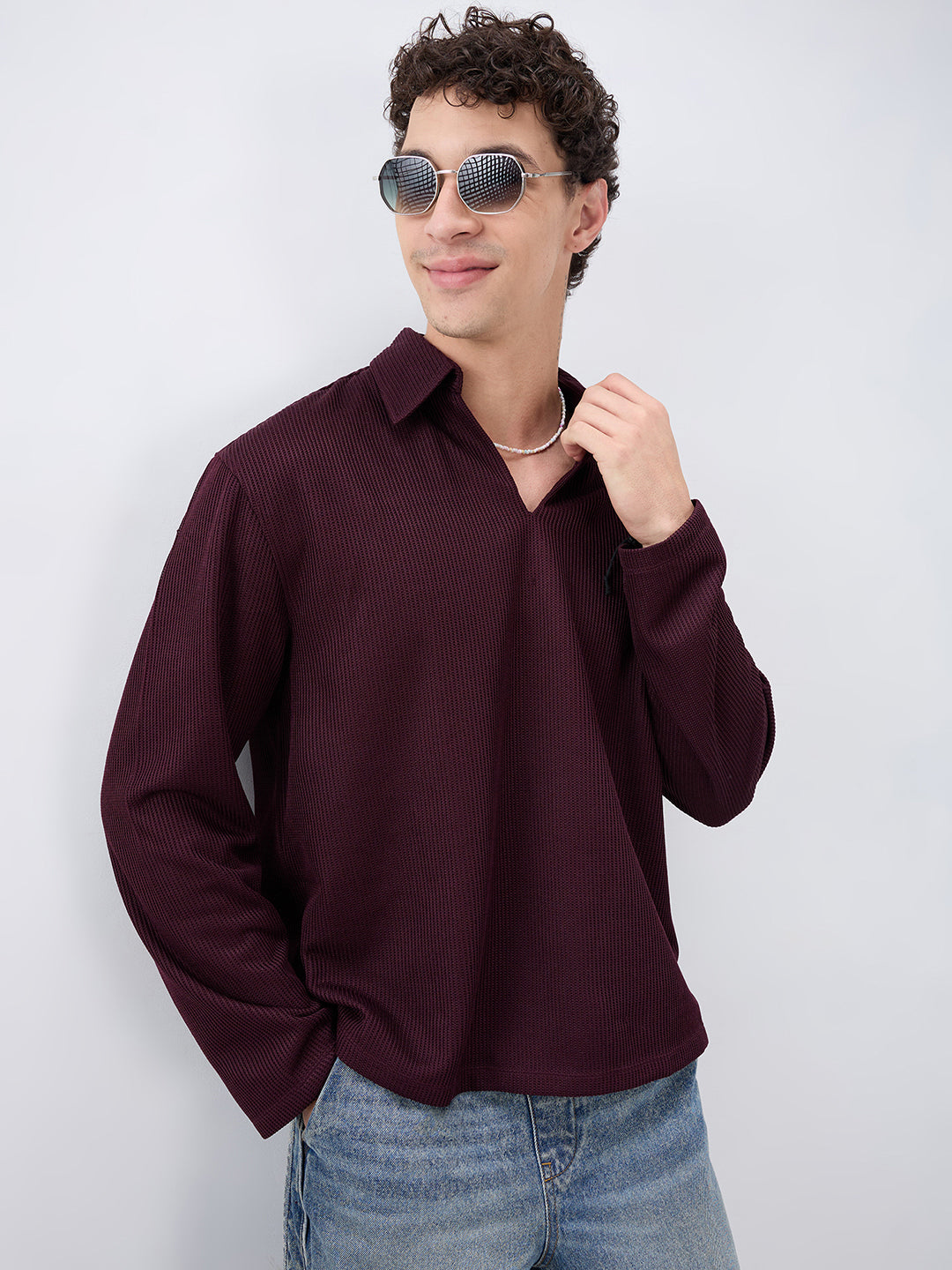 Refined Wine Textured Knitted Oversized Polo Shirt