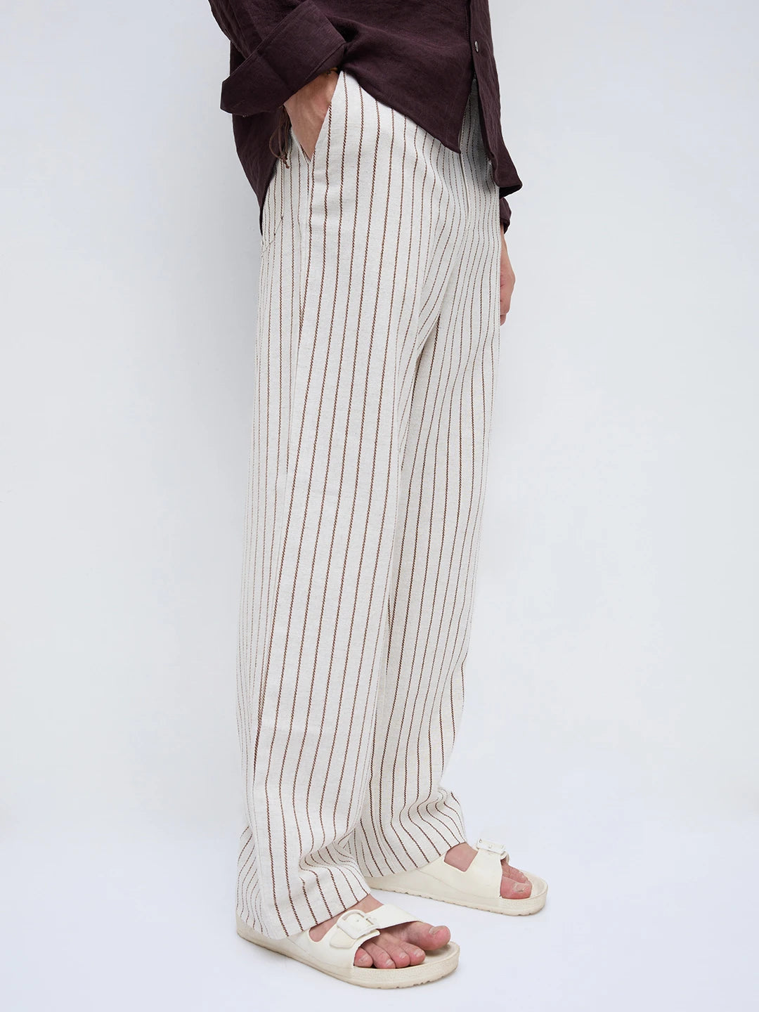 Artistic Ivory & Brown Burlap Striped Straight Fit Trousers