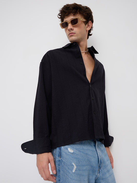 Black Seersucker Striped Boxy Fit Crop Shirt