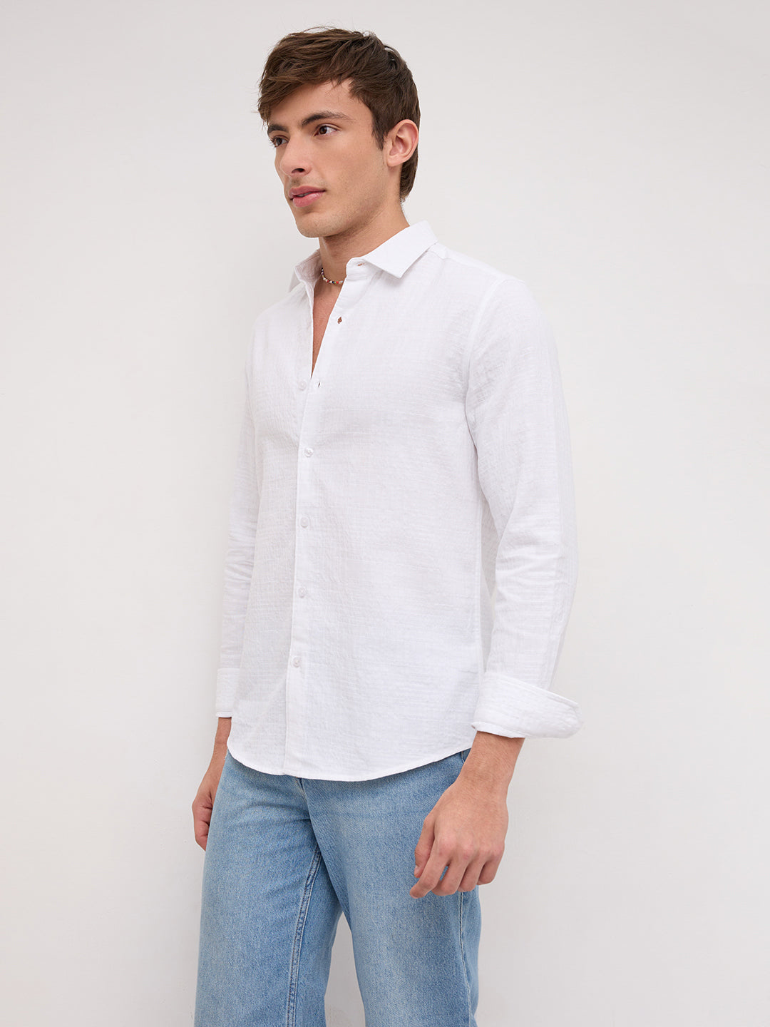 Plush Pearl White Ledger Checks Double Cloth Shirt