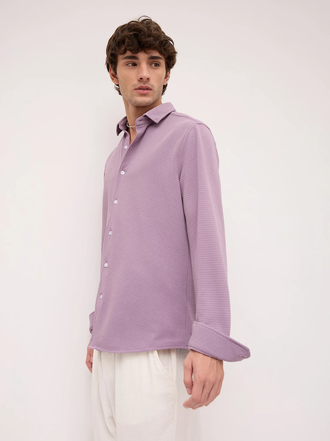 Refined Dusty Lilac Gingham Checks Knitted Shirt
