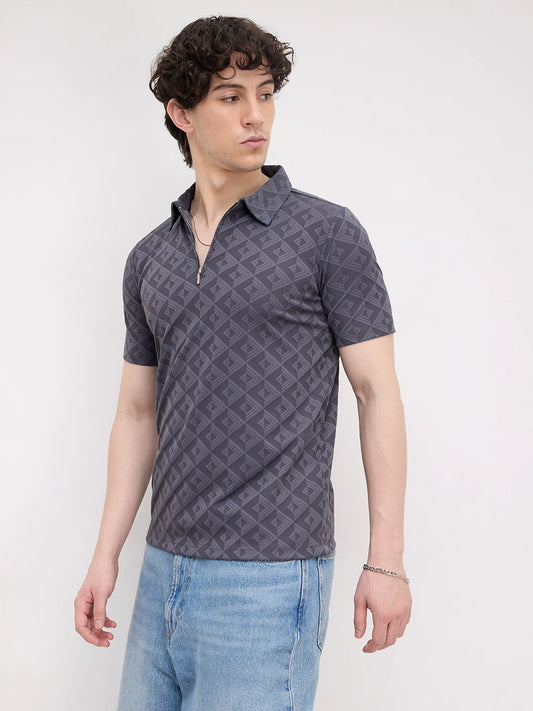 Slate Grey Diamond Embossed Zip Polo Tee