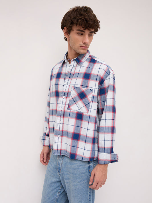 Denim Multi Tone Herringbone Checks Boxy Fit Crop Shirt