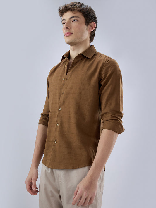 Russet Brown Micro Grid Weave Textured Shirt