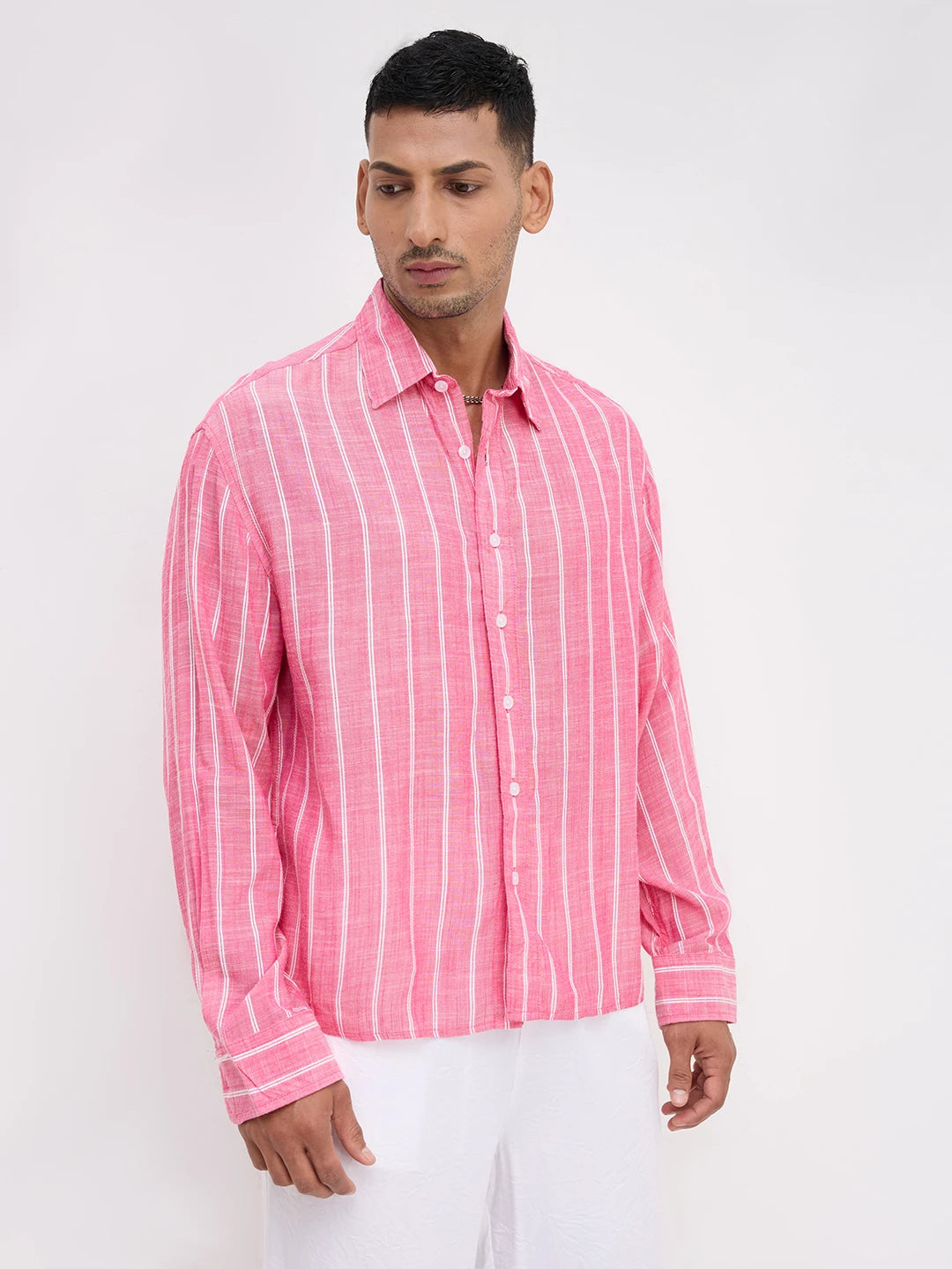 Romantic Rose Pink Striped Boxy Fit Crop Shirt