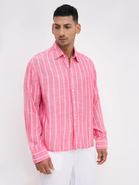Romantic Rose Pink Striped Boxy Fit Crop Shirt