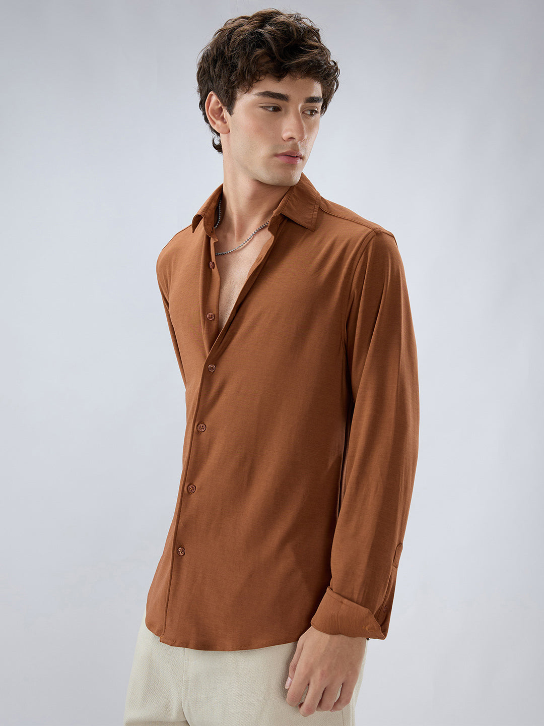 Classic Solid Sienna Brown Knitted Shirt