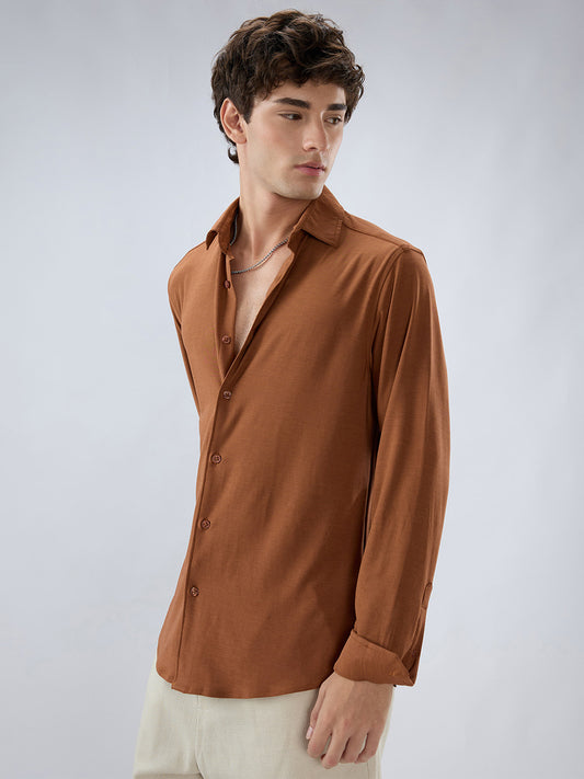 Classic Solid Sienna Brown Knitted Shirt
