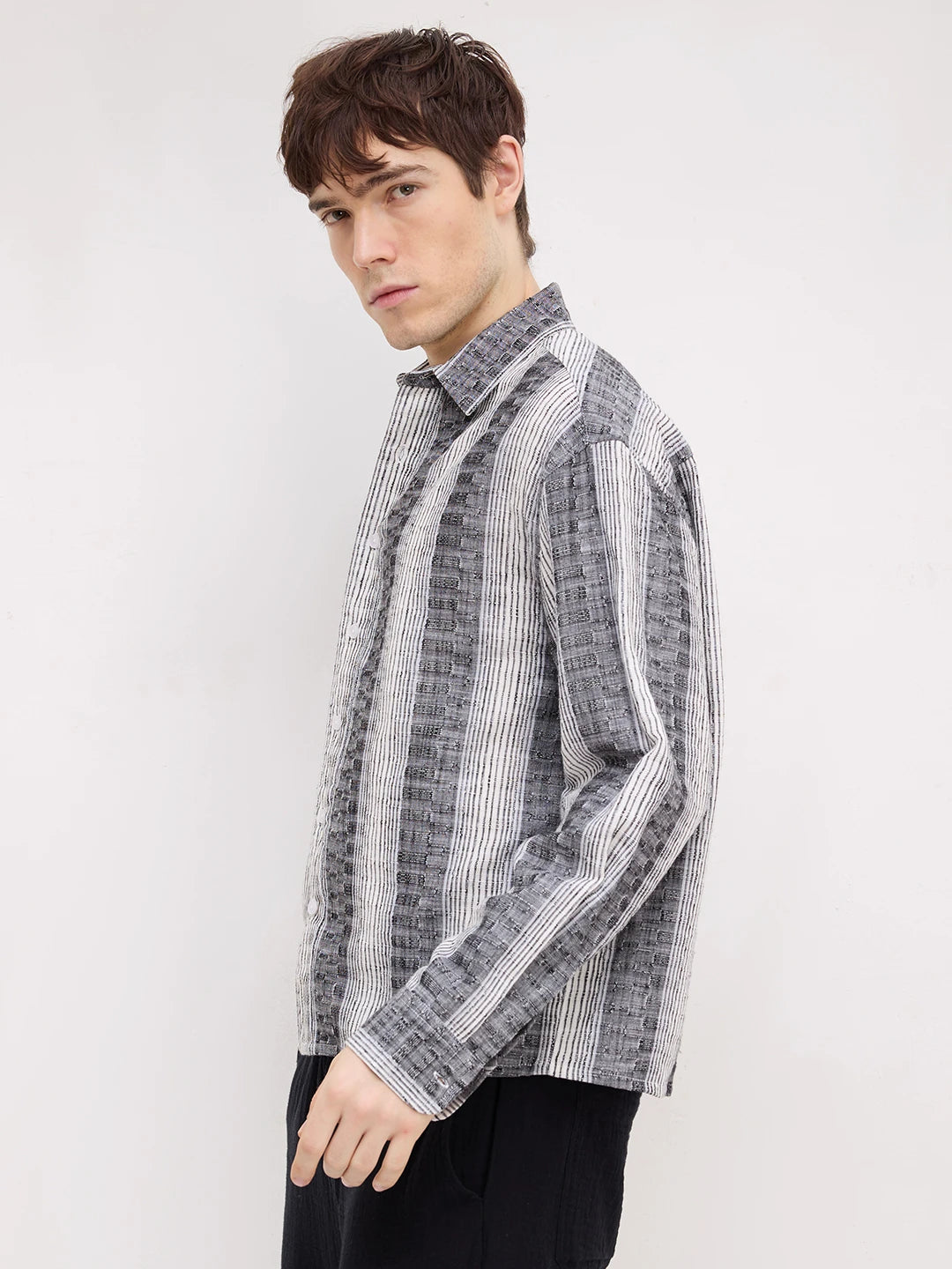 Intricate Charcoal Grey Striped Boxy Fit Crop Shirt