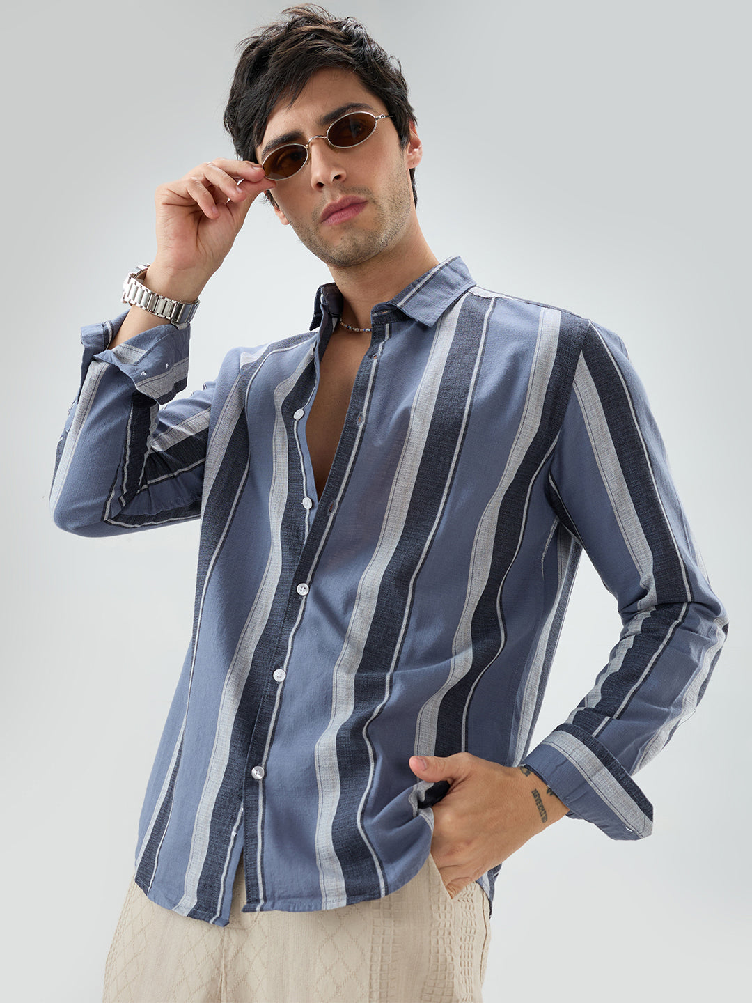 Porpoise Grey & Prussian Blue Striped Shirt