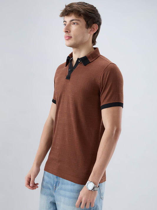 Brown Contrast Polo Neck Knit T-shirt