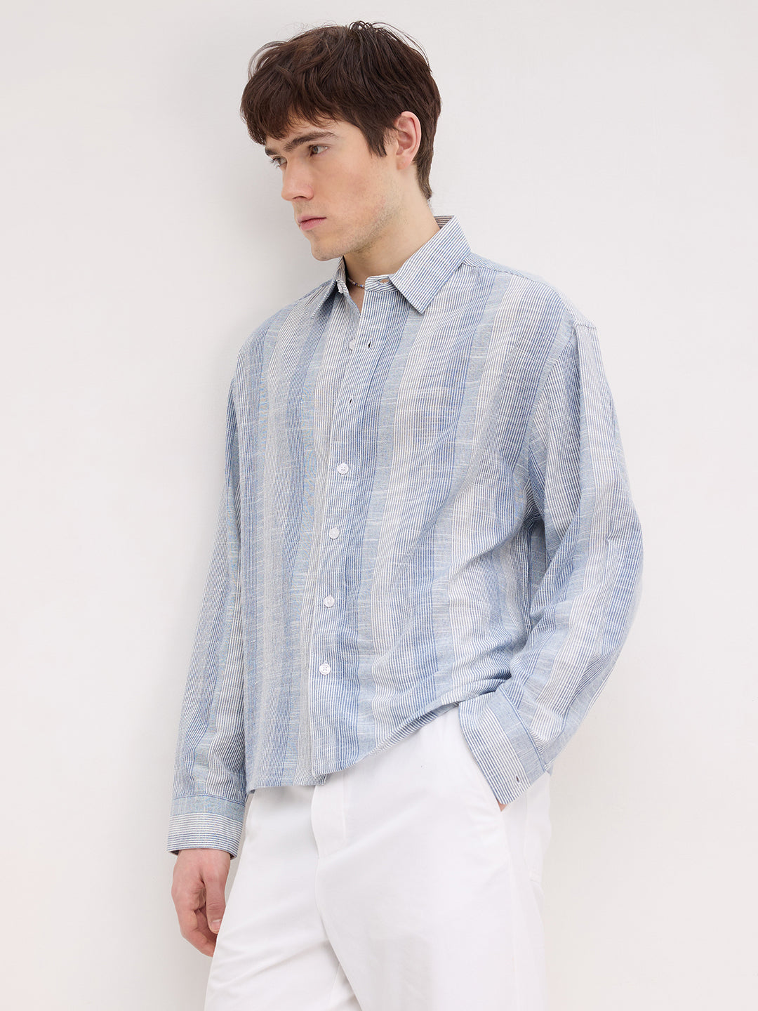Blue Shadow Striped Boxy Fit Crop Shirt