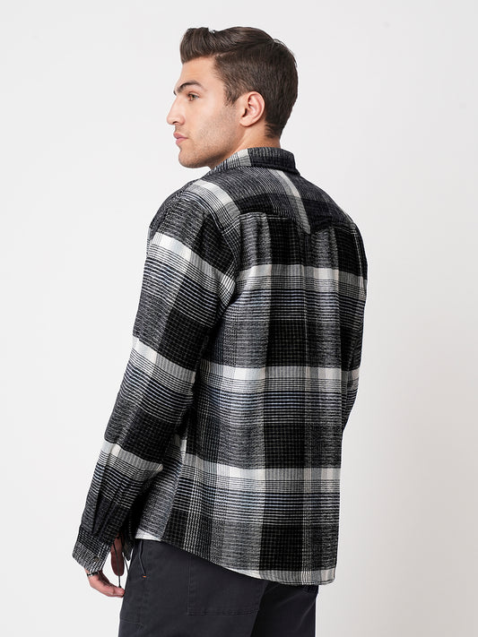 Black Checks Double Flap Pocket Corduroy Shirt