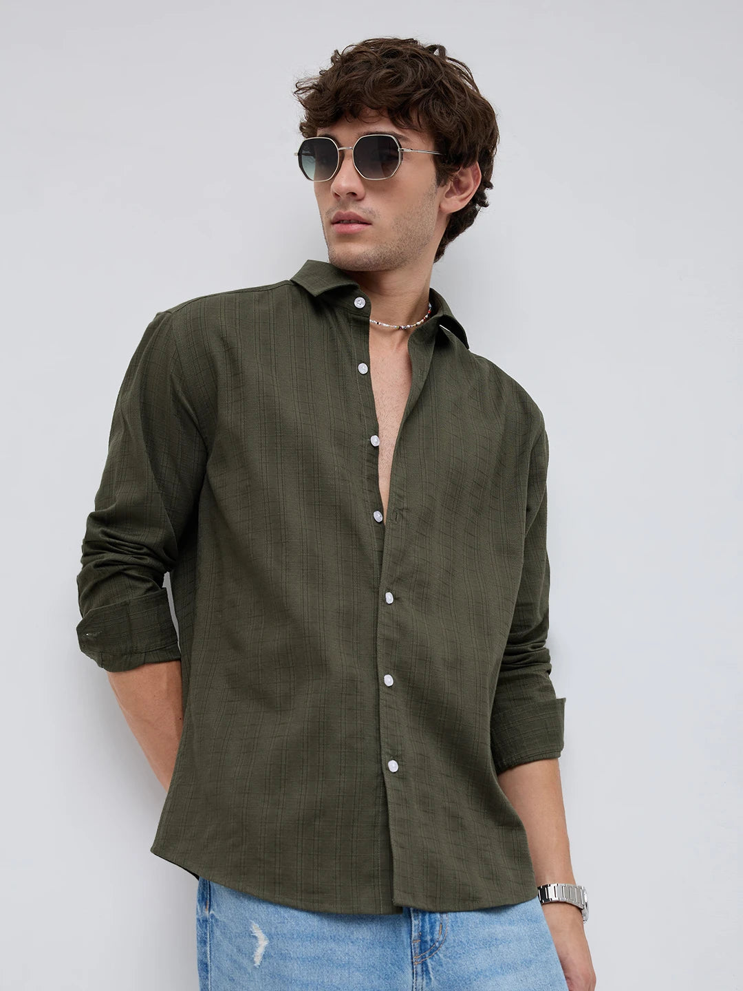 Deep Olive Elevated Grid Detail Checks Shirt