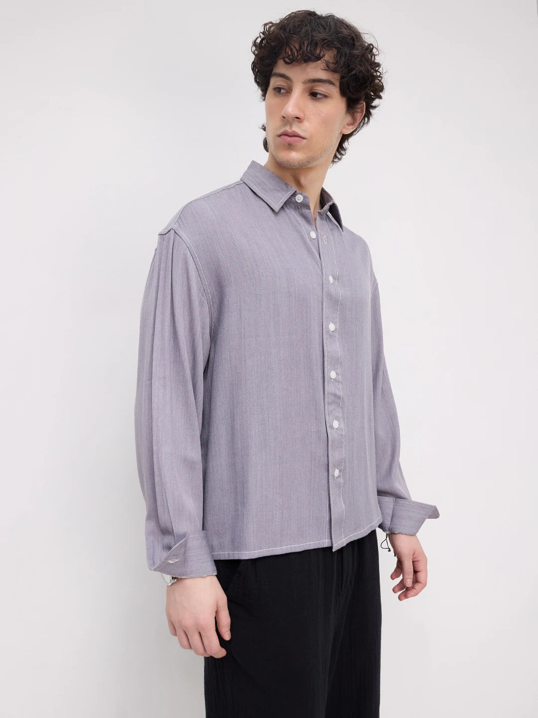 Rich Graphite Grey Softgrain Weave Boxy Fit Crop Shirt