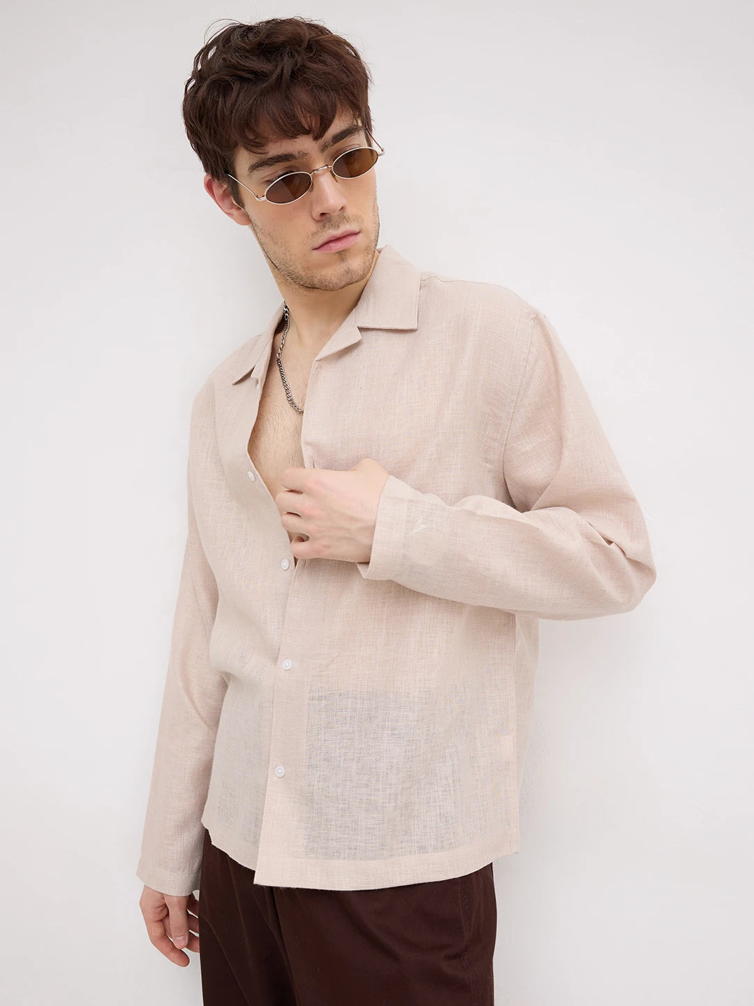 Soft Khaki Sheer Textured Notch Collar Oversized Vacation Shirt