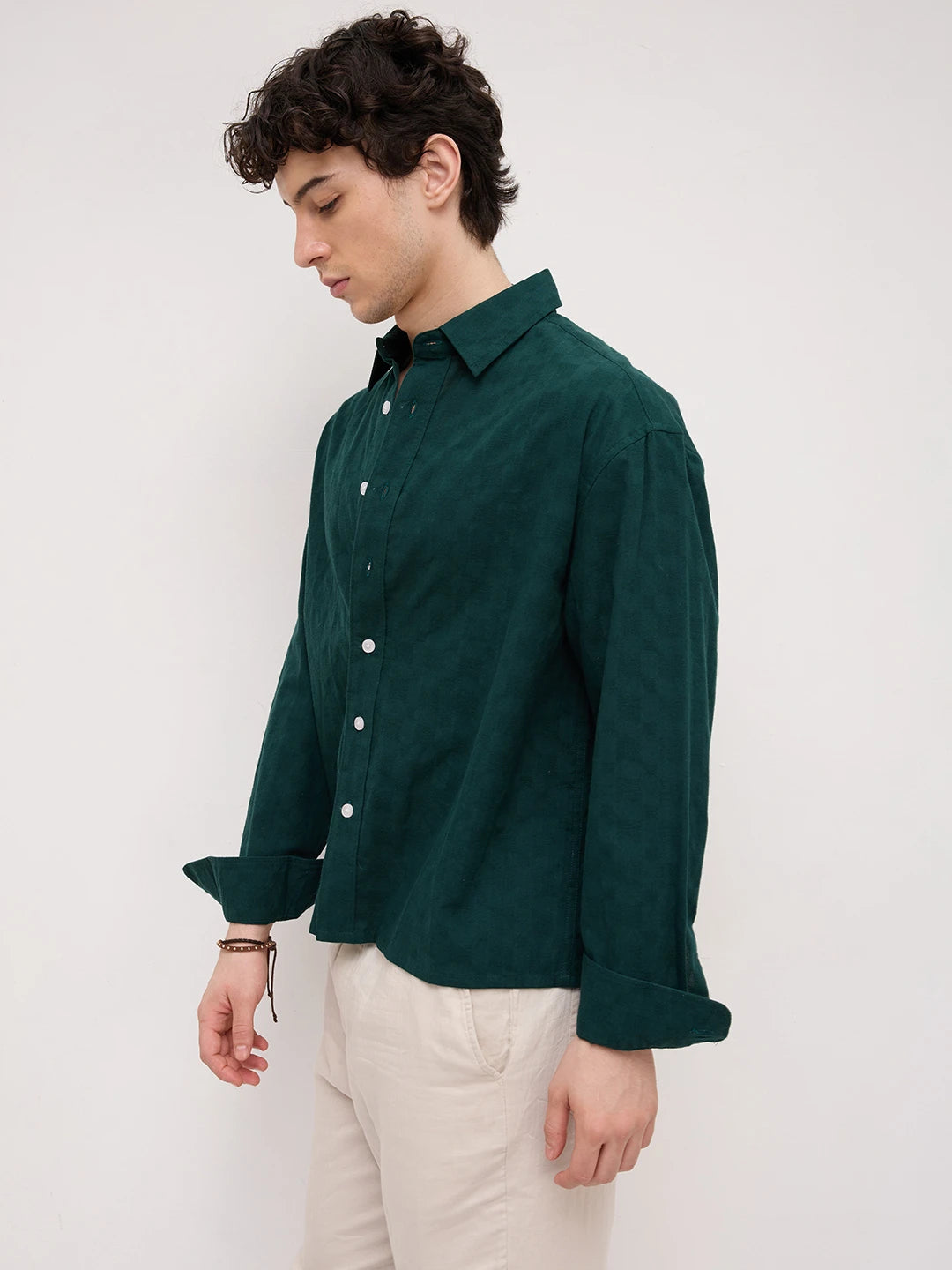 Emerald Green Square Weave Boxy Fit Crop Shirt