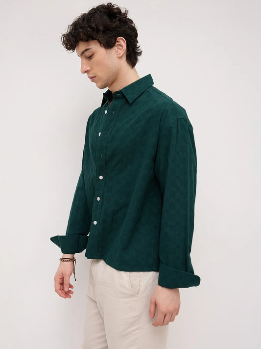 Emerald Green Square Weave Boxy Fit Crop Shirt