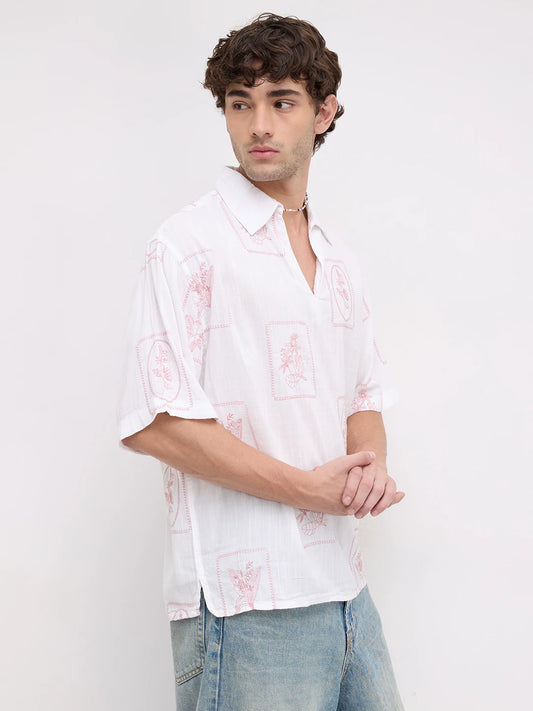 Old Rose Pink Florèal Frame Embroidery Polo Oversized Shirt